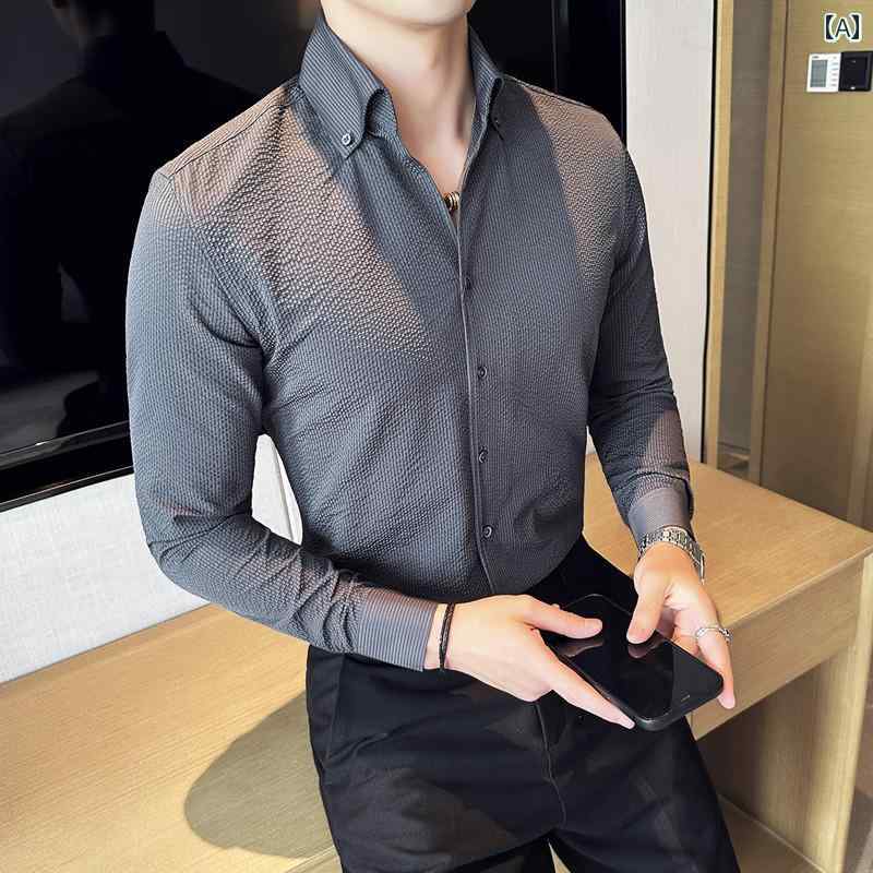 メンズ トップス おしゃれ ダンディ 春秋 シア サッカー ワッフル シャツ 長袖 スリムフィット 秋 ビジネス カジュアル スタンドカラー シャツ