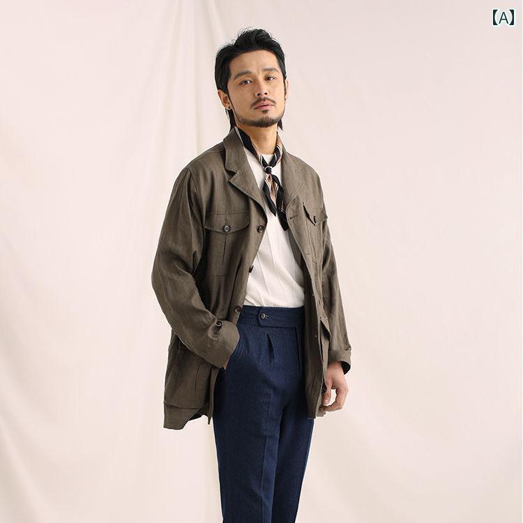 ジャケット メンズ カジュアル おしゃれ ダンディ 秋 リネン 襟 立体 マルチ ポケット ハンティング 薄手 涼しい 涼しい カジュアル ワーク コート|おうち健康生活