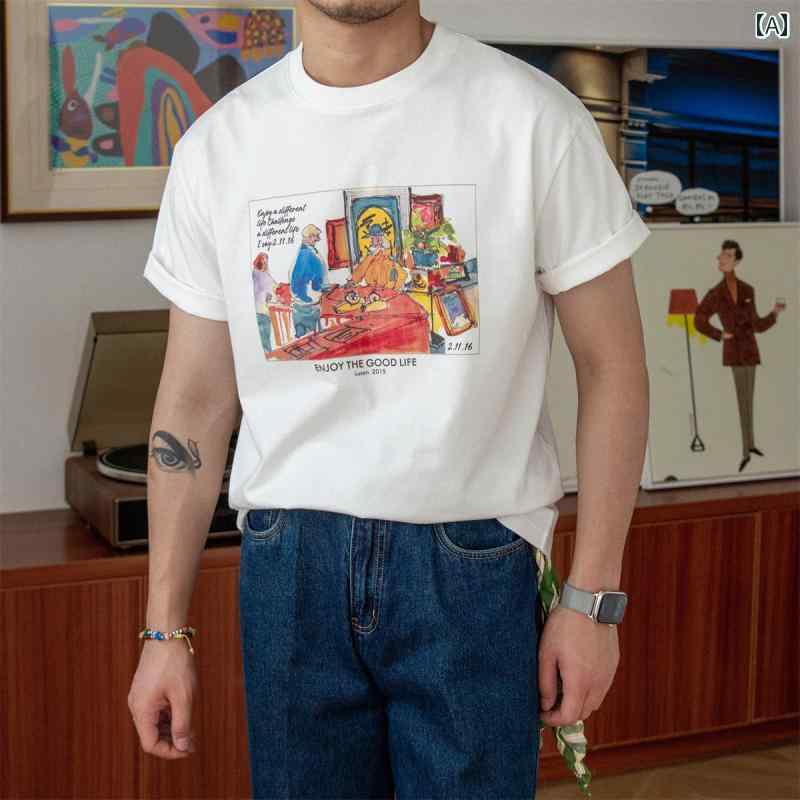 メンズ ファッション カジュアル おしゃれ ブルジョワジー 夏 綿 ラウンドネック Tシャツ レトロ 半袖 Tシャツ トレンディ