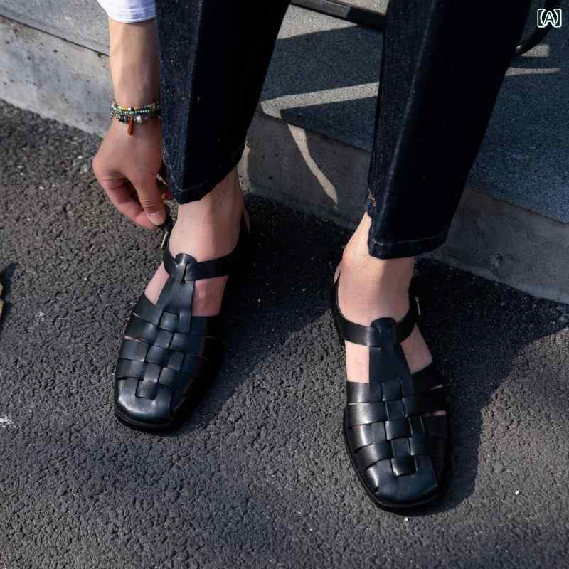 メンズ シューズ 成人男性靴 履きやい 今めかしい 洒落者 かっこいい 軽さ 冷やりとした 冷やりとした 冷やりとした 贅沢さ 中間階級 夏 連合王国 レトロ 編組 置き目 サンダル 包頭 心地よい