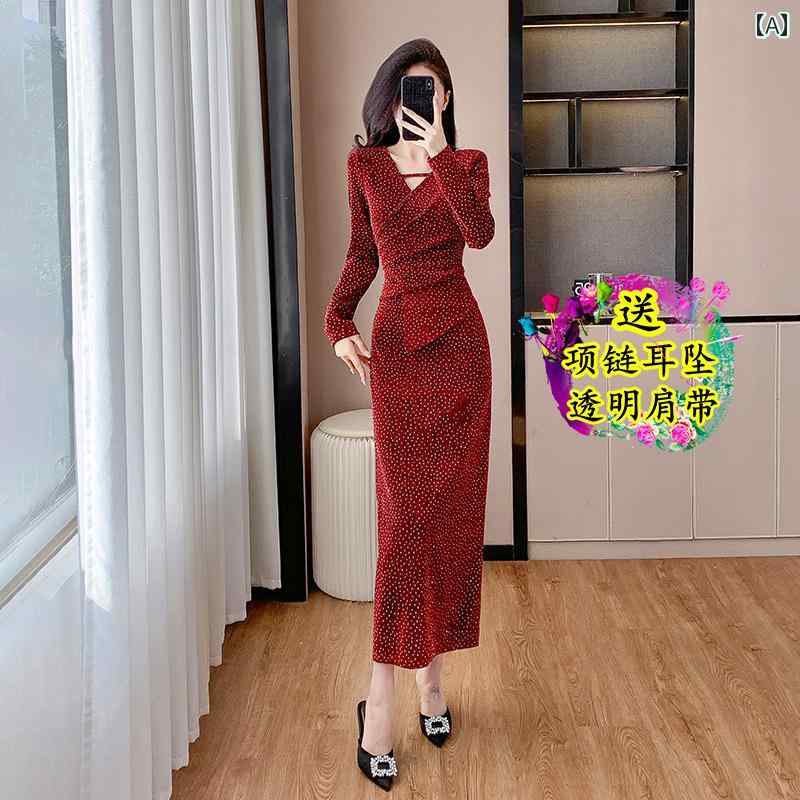 レディース ドレス 華やか セクシー 上品 パーティー キャバ 軽量 涼しい 涼しい ファッション レトロ 長袖 Vネック 明るい ヒップ ハグ 赤 イブニング