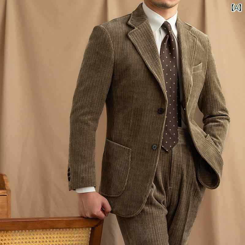 メンズ ファッション おしゃれ ダンディ かっこいい 秋冬 暖かい ピット ストリップ シェニール 起毛 通勤 スリム スーツ レトロ スーツ｜おうち健康生活