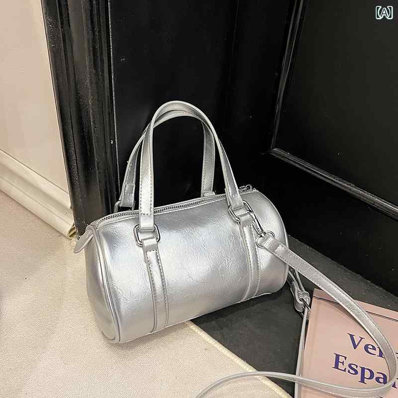 レディース バッグ 普段使い 秋冬 精巧 質感 小さめ ボストン シルバー 枕 ショルダー ハンド