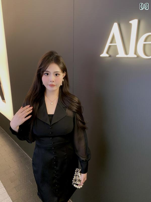 大きめ大いさ レディース かっこ良い 流行り物 亭主もち服 暗 夜 金 娘 フランス共和国 レトロ か細い Vのど首 秋冬 お召しもの レディースファッション-その他