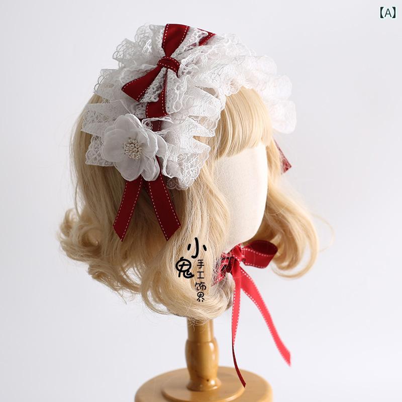 レディース 帽子 ロリータ かわいい ガーリー コスプレ レッド クリスマス ボン レース ハット カチューシャ ペア ヘア バンド