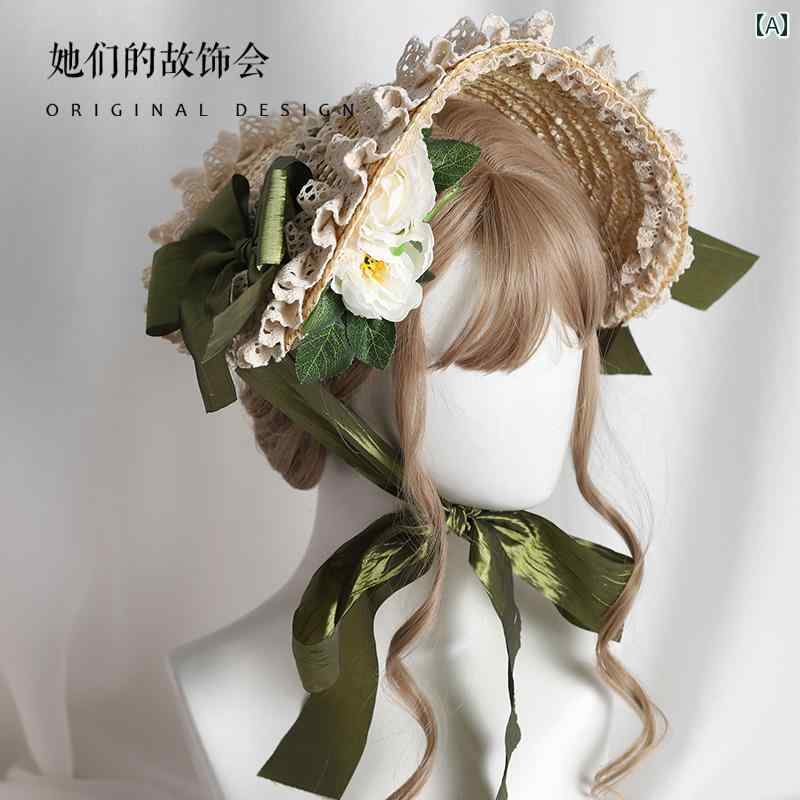 ヘアアクセサリー レディース 女の子 ロリータ コスプレ ガーリー かわいい マルチ カラー ボン 麦わら 帽子 フラット ハット ゴージャス エレガント 帽子
