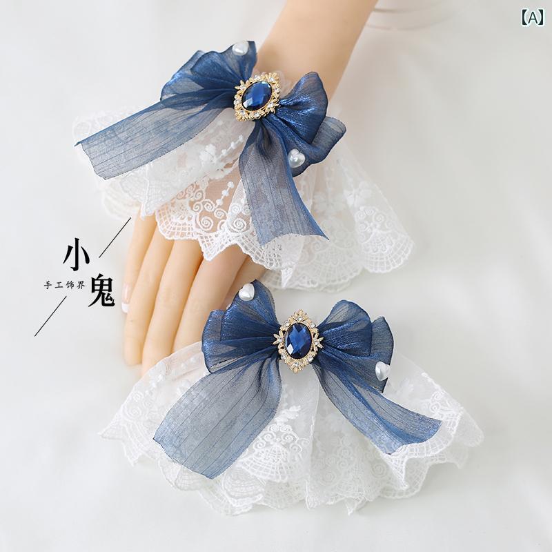 つけ袖 レース ロリータ コスプレ マルチ カラー 結婚式 ダーク レッド 雪 ガーゼ リボン ハンド スリーブ ブレスレット