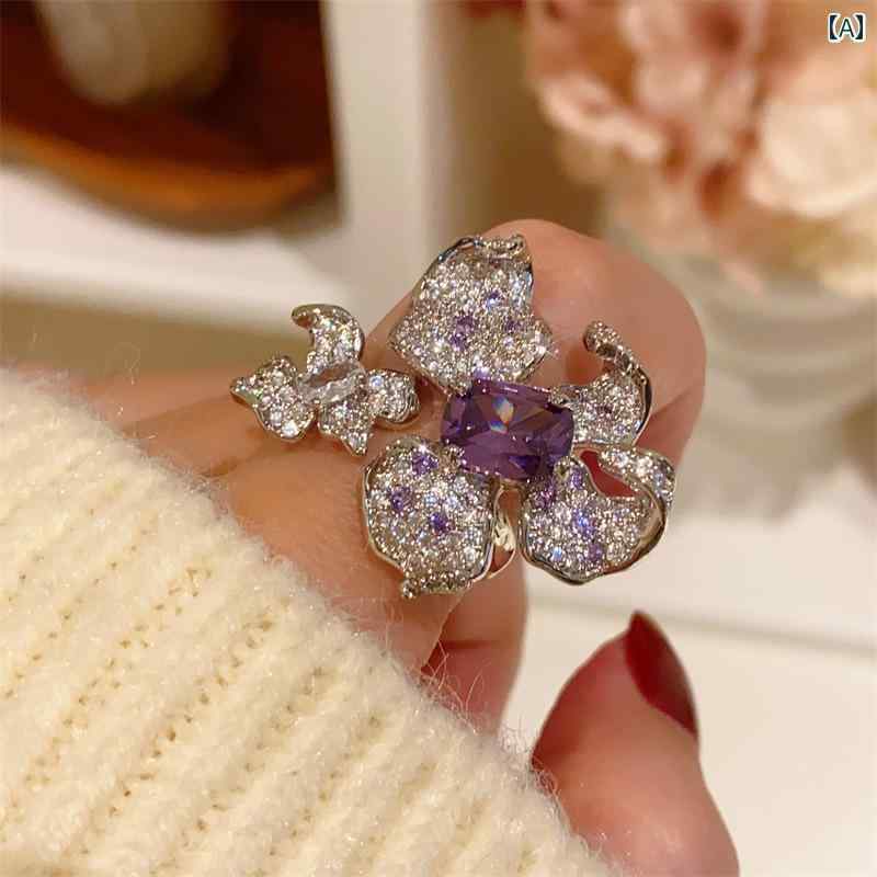 ブローチ レディース アクセサリー 母の日 ギフト レトロ入り ストーンリング 繊細 バイオレットアイリス エレガント カラフル 宝物 オープン 人差し指 リング