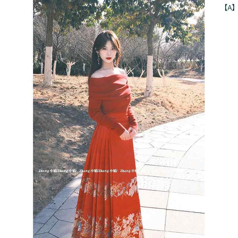 漢服 コスチューム レディース ファッション おしゃれ ステージ 撮影 舞台衣装 コスプレ 新 チャイナ風 染 赤 馬顔スカート 秋冬 ハイウエスト スカート トップス セットアップ