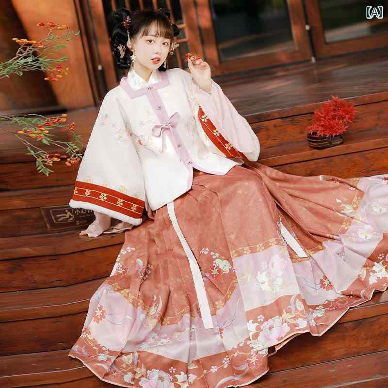 漢服 コスチューム レディース ファッション おしゃれ ステージ 撮影 舞台衣装 コスプレ 明 服 冬 衣装 起毛 厚手 スクエアネック コート チャイナ風 腰 長さ 馬顔スカート セット｜おうち健康生活