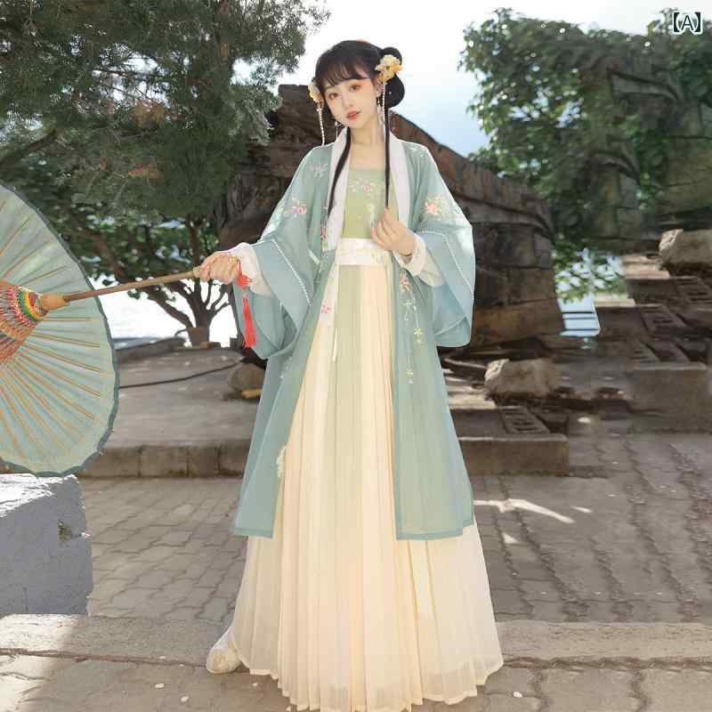 漢服 御召しもの レディース 流行り物 今めかしい 上演 映画化 一こま御召しもの コスプレ 服 宋 王朝 ロング 上衣 瀬戸もの風 仙女 刺しゅう ズボン吊り 腰 丈 スコート セットアップ 夏