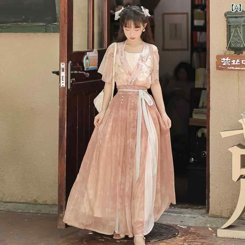 漢服 御召しもの レディース 流行り物 今めかしい 上演 映画化 一こま御召しもの コスプレ レトロ 御召しもの 瀬戸もの風 妖精 肩吊りひも スコート セットアップ 夏