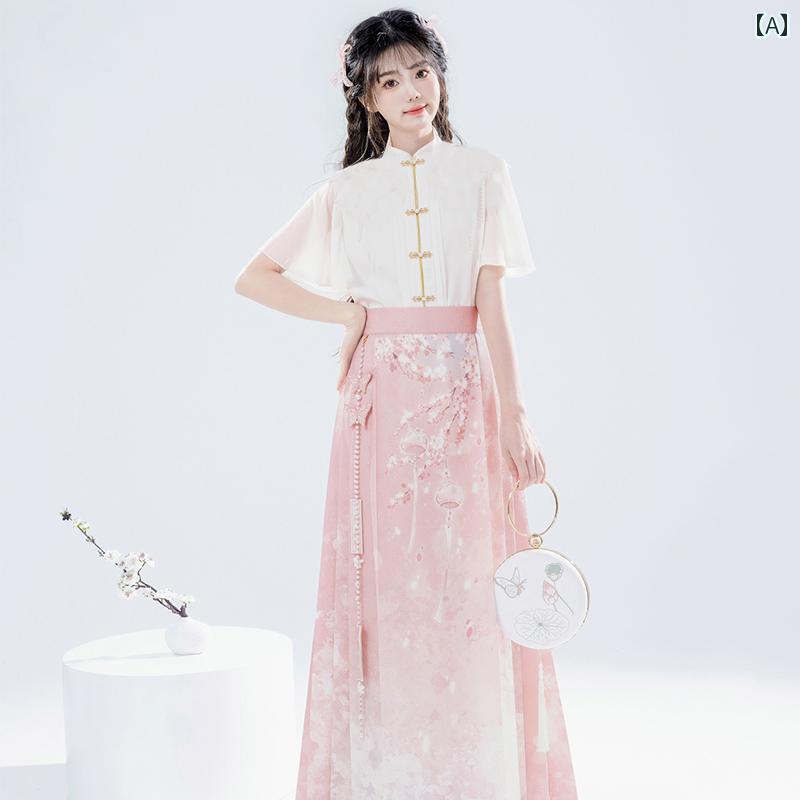 漢服 御召しもの レディース 流行り物 今めかしい 上演 映画化 一こま御召しもの コスプレ 瀬戸もの 風 デイリー ピンククラウド 肩肉 プルオーバー 馬顔スコート セットアップ 夏