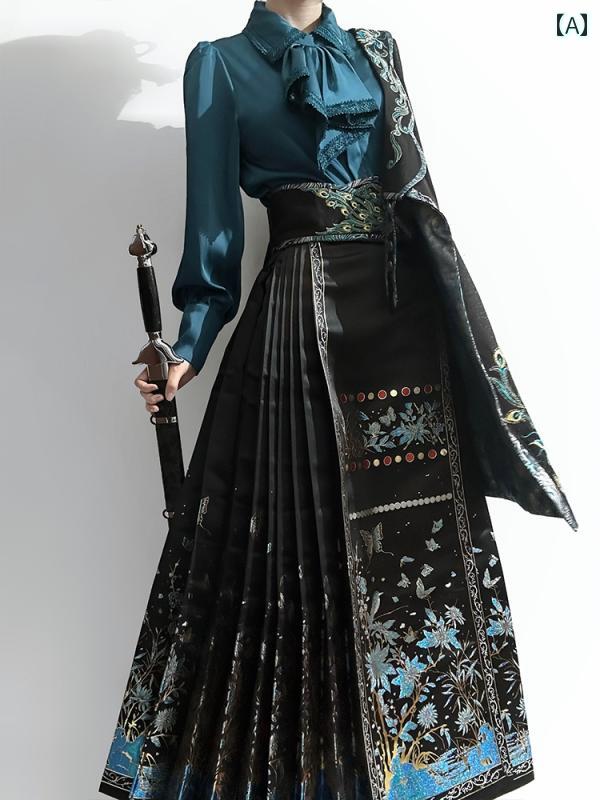 漢服 お召しもの レディース 流行り物 今めかしい 高座 映画化 一こまお召しもの コスプレ 瀬戸もの風 馬顔スコート 秋冬 明 金 織り スコート デイリー 成年者