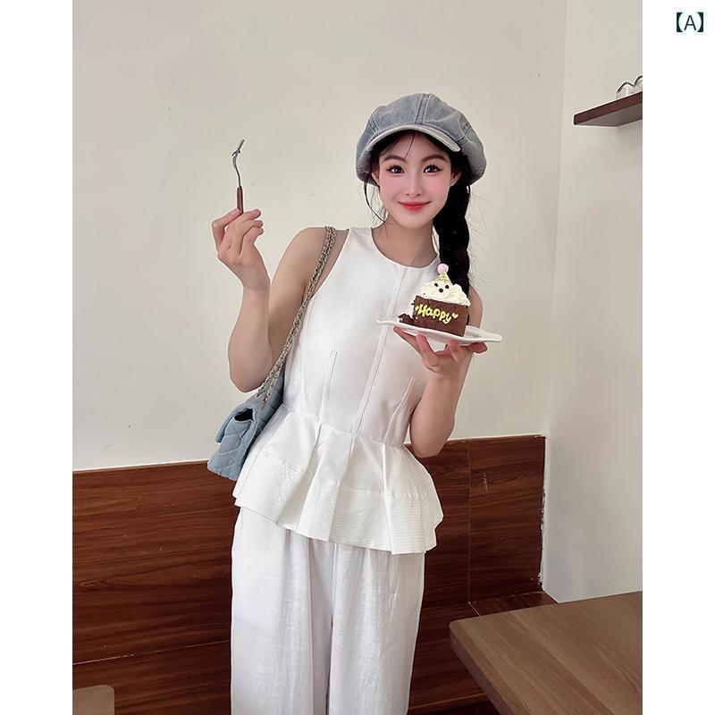 レディース ファッション おしゃれ カジュアル 普段使い フリル ホワイト キャミソール 夏 アウター 変則 スリム ノースリーブ