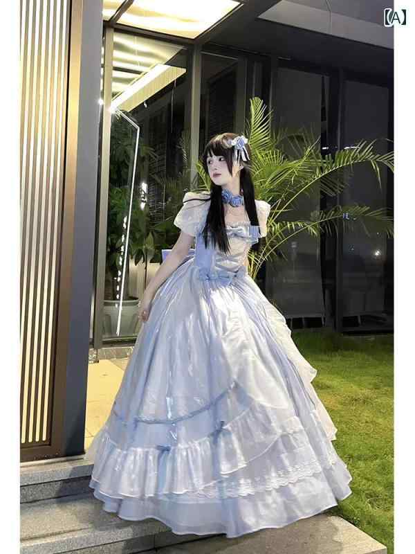 ロリータ ファッション コスプレ 衣装 コスチューム ブルー 大人 ドレス 大きめ 花 花嫁 ドレス ゴージャス ランナウェイ ふわふわ トレーリング プリンセス ドレス 10,639円
