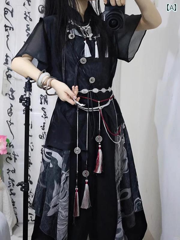漢服 御召しもの レディース 流行り物 今めかしい 上演 映画化 一こま御召しもの コスプレ 瀬戸もの風 気味合い レトロ 肩吊りひも 半袖 春夏 服 漢