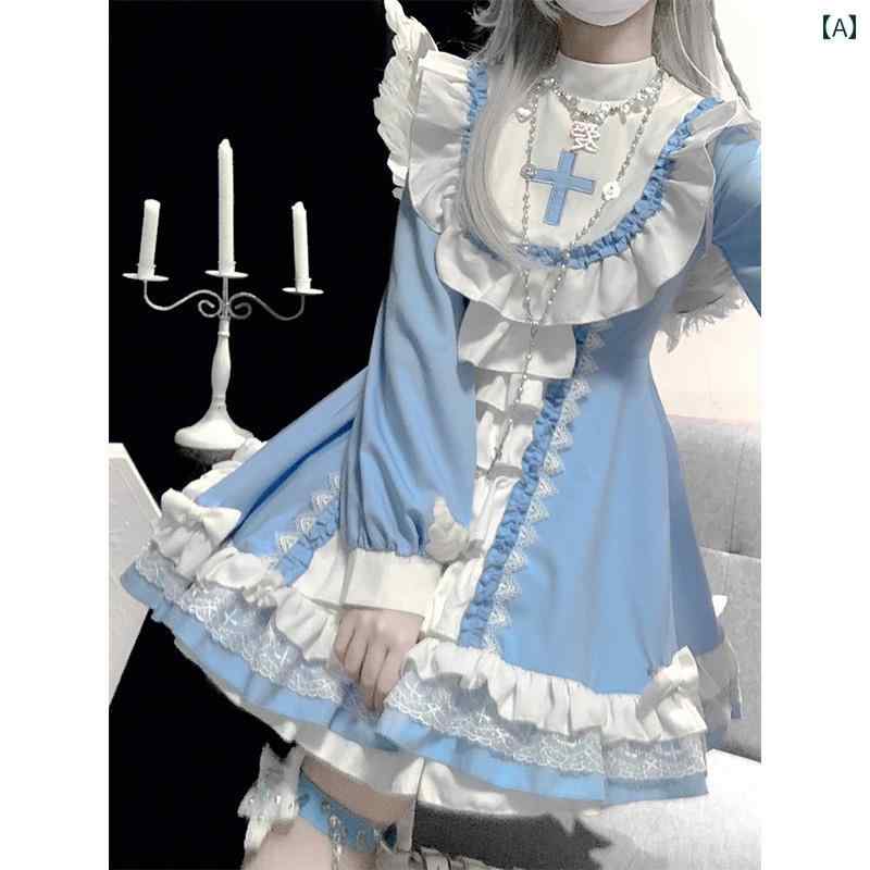 ロリータ ファッション コスプレ 衣装 コスチューム ゴシック 修道 女 クロス ブルー ホワイト ドレス デイリー 軽量 涼しい 涼しい ロ スカート