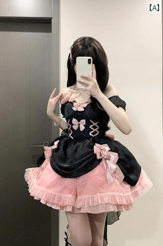 コスプレ 衣装 ロリータ レディース コスチューム パーティー 写真撮影 ドリーム ローズ ブラック ピンク スイート クール ロリータ ランナウェイ プリンセス ドレス バタフライ トレーリング プリンセス ドレス
