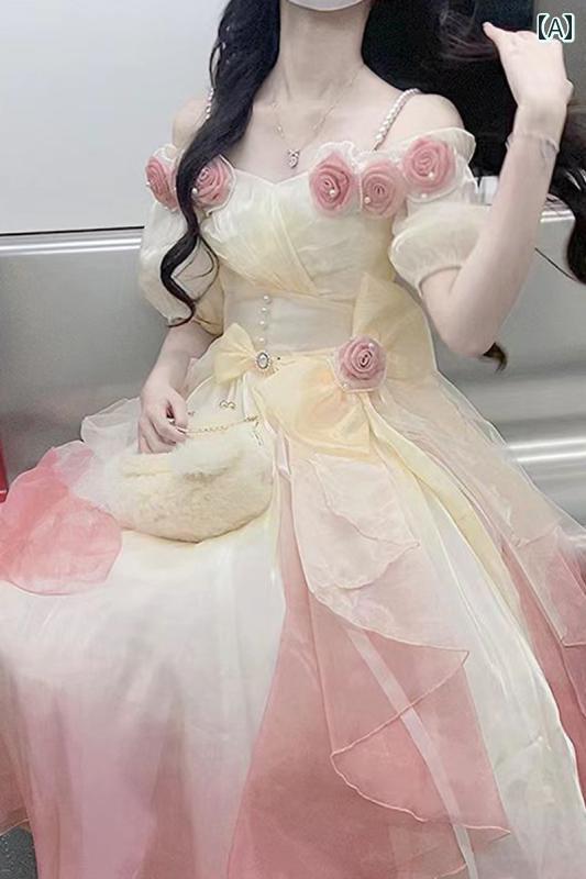 ドレス レディース 華やか パーティー 上品 エレガント グラデーション ピンクローズ 花嫁 スーパー フェアリー マーメイド カラー フェアリー メッシュ ロング スカート 春
