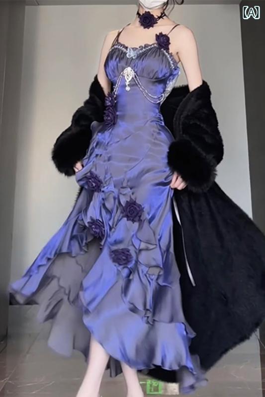 コスプレ 衣装 レディース コスチューム パーティー 写真撮影 紫 ロリータ 小説 ヒロイン 肩ひも スカート ロリータ ローズ ドレス フィッシュテール スカート