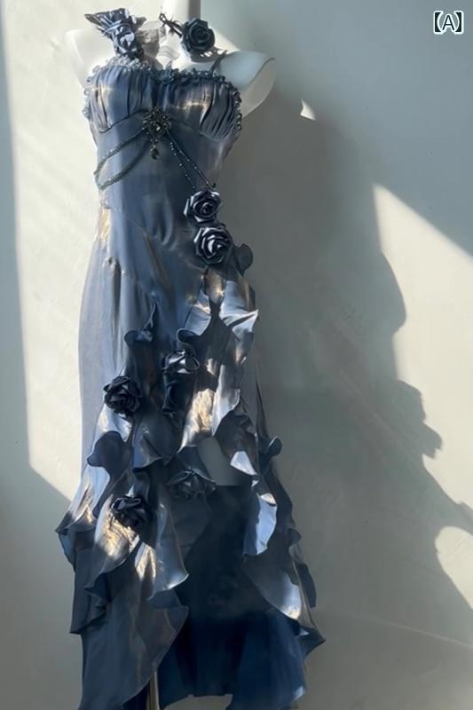 コスプレ 衣装 レディース コスチューム パーティー 写真撮影 フランス ブルー ライン ゴージャス エレガント 重厚 ロリータ ローズ 肩ひも ドレス フィッシュテール スカート