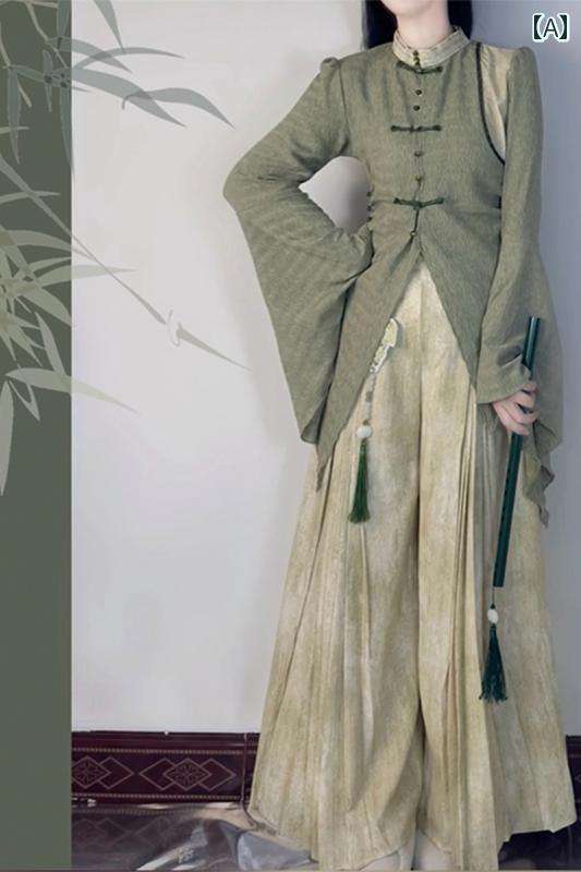 漢服 御召しもの レディース 流行り物 今めかしい 上演 映画化 一こま御召しもの コスプレ 瀬戸もの風 生新しい レトロ 漢 唐人笛 捩り とっ始め ワイドレッグ ズボン下 セットアップ