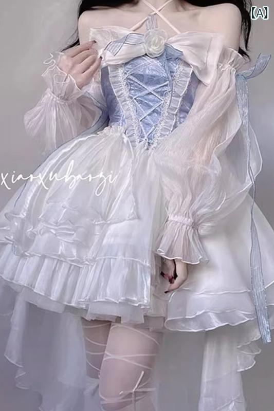 コスプレ 衣装 レディース コスチューム パーティー 写真撮影 白 ロリータドレス フロントが 短く 後ろが ロング 花嫁 プリンセス ドレス