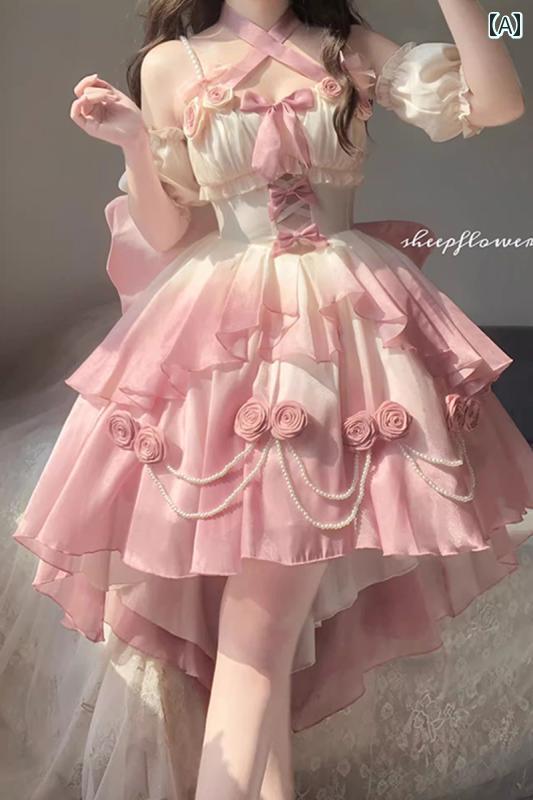 コスプレ 衣装 レディース コスチューム パーティー 写真撮影 グラデーション ピンク 軽量 涼しい 涼しい ウェディング フロント ショート バック ロング ロリータ パフィー テール プリンセス ドレス ロー スカート｜おうち健康生活