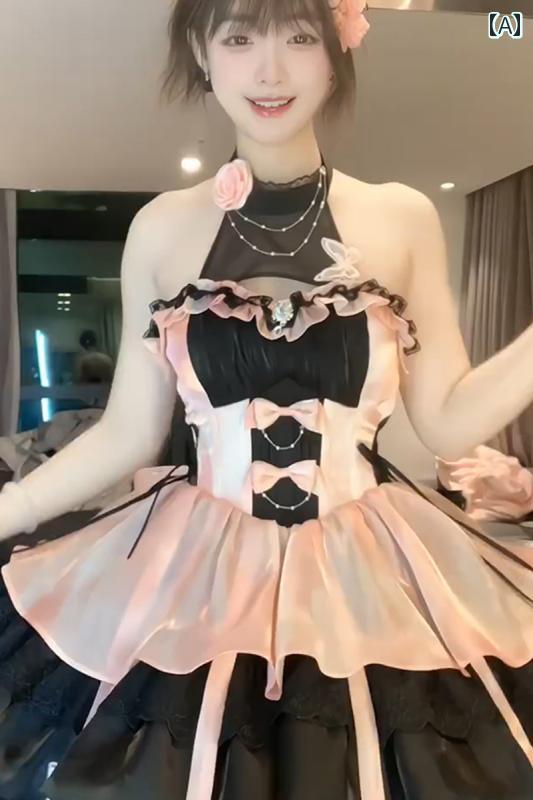 コスプレ 衣装 レディース コスチューム パーティー 写真撮影 エロス ブラックパウダー ホルターネック ドレス ロリータ オン ザラン ふわふわ プリンセス ドレス｜おうち健康生活