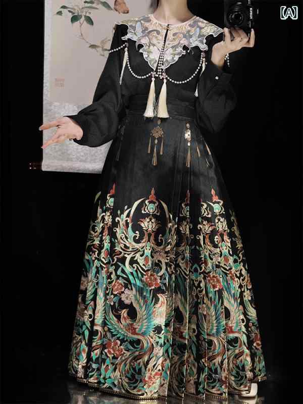 漢服 お召しもの レディース 流行り物 今めかしい 高座 映画化 一こまお召しもの コスプレ 明 黒 馬顔スコート 秋冬 織り ゴールド スコート お召しもの 小型 セットアップ