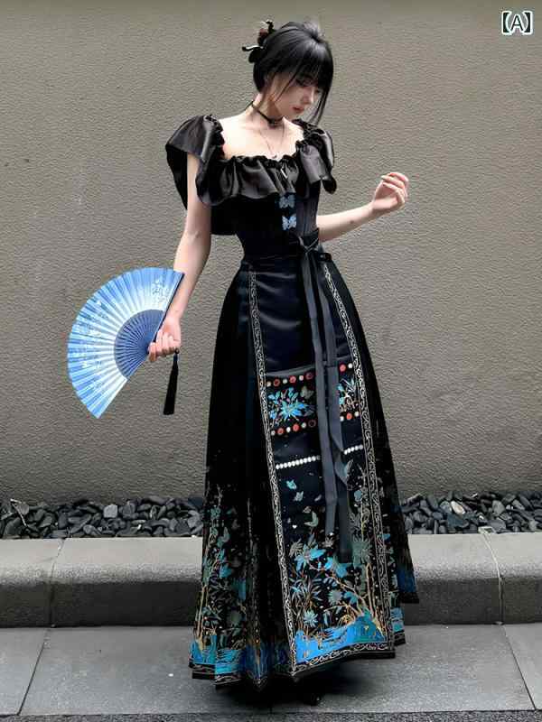 漢服 お召しもの レディース 流行り物 今めかしい 高座 映画化 一こまお召しもの コスプレ 瀬戸もの風 黒 馬顔スコート 秋冬 新 織り ゴールド かざり付ける 二分の一 レングス スコート セットアップ