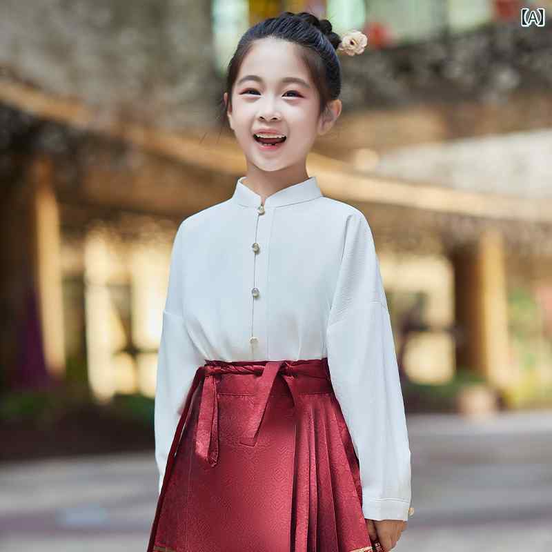 漢服 コスチューム 女の子 キッズ ファッション おしゃれ ステージ 撮影 舞台衣装 コスプレ 雲 華 堂 吉 白 馬顔スカート シャツ セットアップ パフォーマンス 春秋 民族風 生活