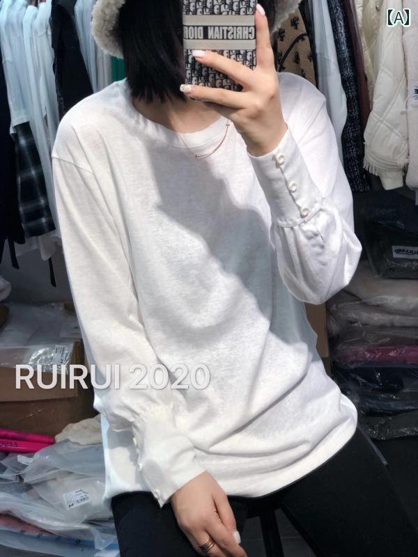 レディース トップス シンプル おしゃれ 春型 無地 シンプル ボトム スモール 袖 ボタン 長袖 Tシャツ