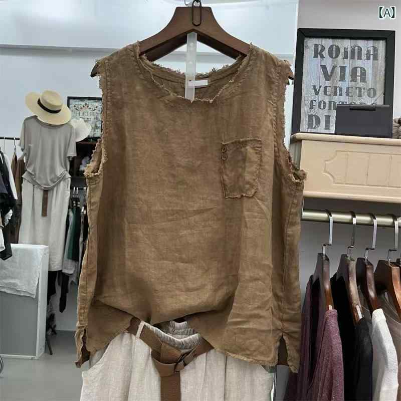 レディース トップス シンプル おしゃれ 韓国 レトロ 個性 ロー エッジ ベスト ゆったり 体型カバー ノースリーブ コットンリネン ボトム