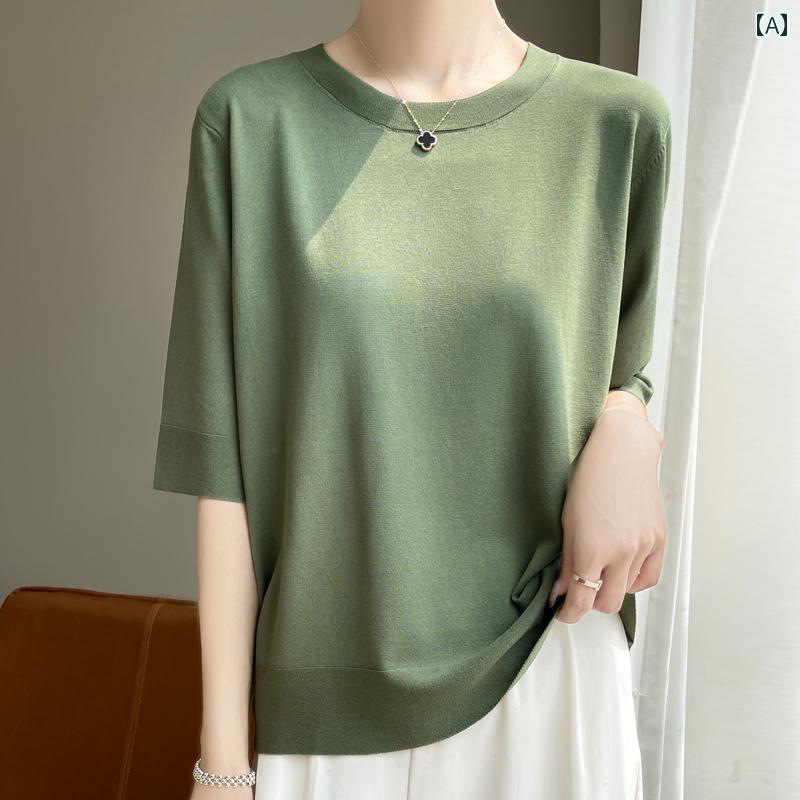 レディース トップス 上品 リネン 夏 ニット 薄手 涼しい 涼しい 半袖 Tシャツ ラウンドネック ゆったり 快適 スリーブ ハーフスリーブ