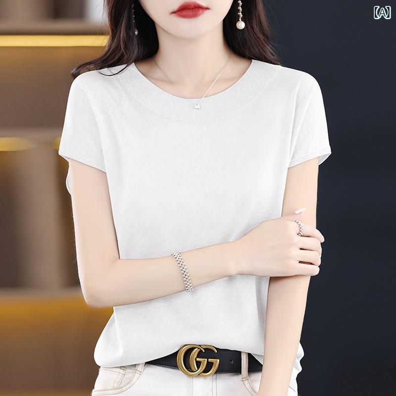 レディース トップス 上品 ひんやり 快適 ニット 半袖 夏 薄手 涼しい 涼しい ドレープ センス スリーブ ラウンドネック 半袖 Tシャツ