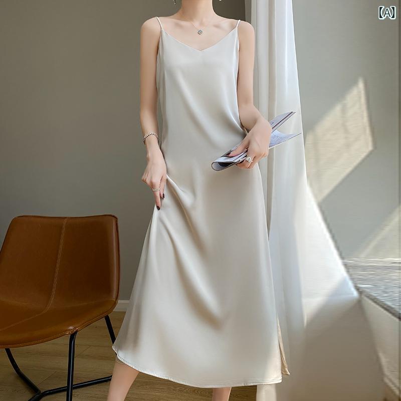 ワンピース レディース シンプル おしゃれ アセテート ドレス サテン ロング スカート 夏 スリム セクシー 肩ひも スカート