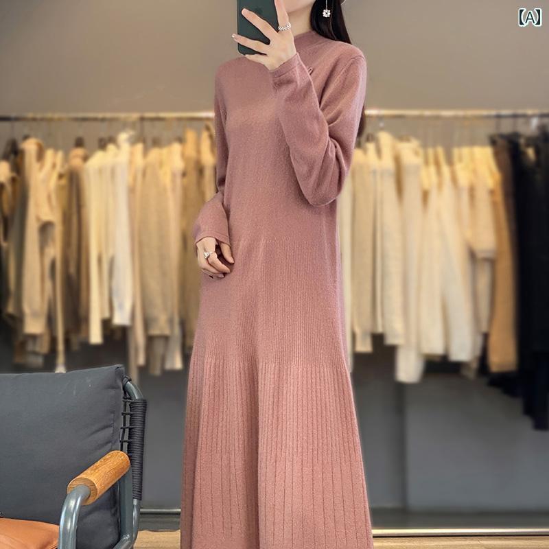 ワンピース レディース シンプル おしゃれ 中国 ドレス ウール ボタン ウエスト レトロ 膝丈 スカート 柔らかい ワックス 秋冬 ニット セーター ドレス|おうち健康生活