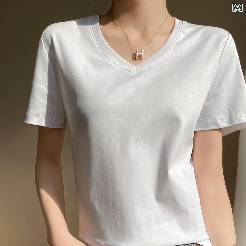 レディース トップス シンプル おしゃれ シルケット コットン 80年代 ホワイト 半袖 Tシャツ 綿 ボトムス シャツ ウイグル 綿 Vネック スイートハート ネック インナーウェア
