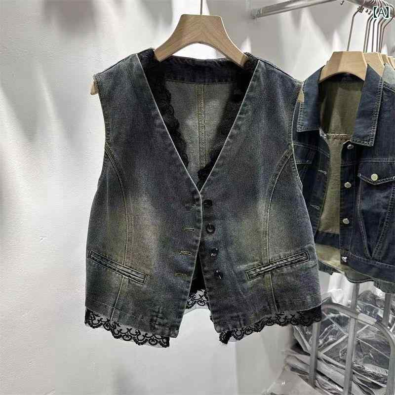 レディース トップス シンプル おしゃれ レトロ レース ステッチ デニム ウエスト Vネック シングルブレスト ノースリーブベスト ショート トレンディ