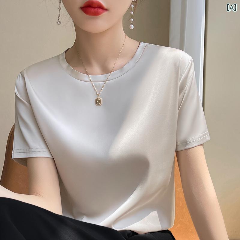 レディース トップス シンプル おしゃれ 軽量 涼しい 涼しい ラウンドネック 半袖 Tシャツ 夏 カジュアル ファッション 半袖 サテン