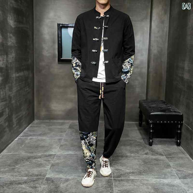 セットアップ メンズ カジュアル おしゃれ 唐 チャイナ風 韓服 綿 リネン ジャケット 中国 チュニック レトロ ゆったり 大きめサイズ 民族 衣装 チャイナ風
