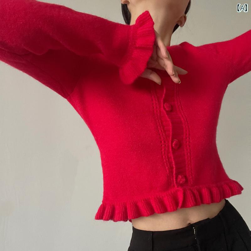 レディース トップス おしゃれ ファッション フレンチ スイート キノコ レッド ニット カーディガン パーティー 誕生日 婚約 パーティー セーター 秋