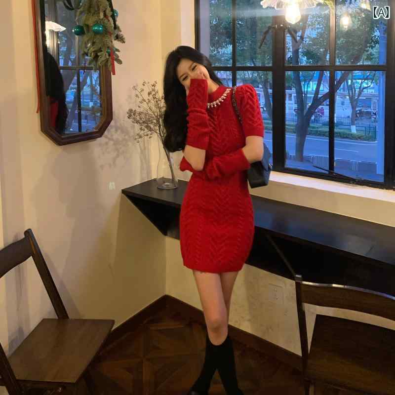 レディース ワンピース 普段使い クリスマス 新年 婚約 袖 ニット セーター ドレス 魅惑 レディ ドレス カバー ヒップ スカート