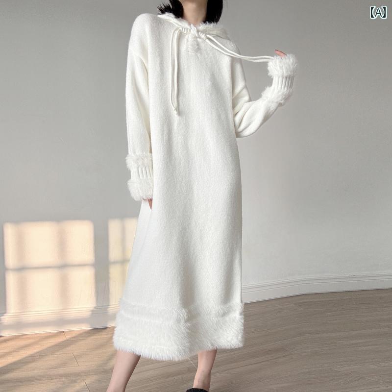 レディース 衣装 普段使い走り 秋冬 白 月明かり 膝上 ロング 下つ方 編み物 お召しもの 厚地の外套 ゆったり ボンネット スウェーター スコート
