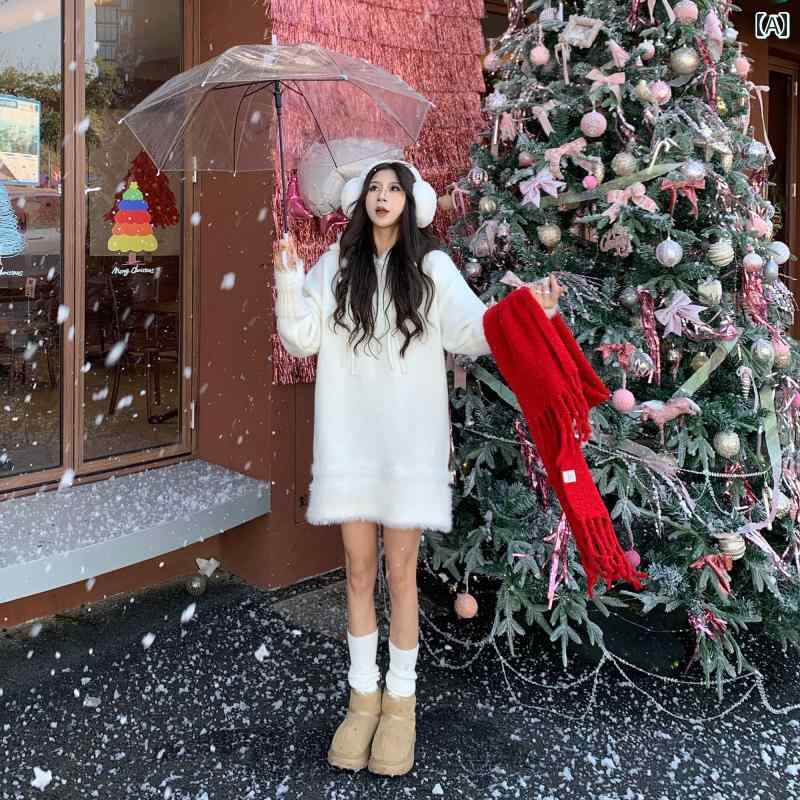 レディース 流行り物 クリスマス 新年 お召しもの ゆったり レングス ボンネット 白 羊毛 スウェーター 秋冬 大きめ スウェーター 編み物 スコート