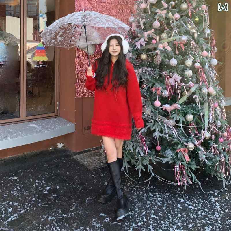 レディース 衣装 普段使い走り 新年 クリスマス 赤 ボンネット 羊毛 スウェーター 秋冬 朦々たる 大きめ スウェーター 編み物 お召しもの