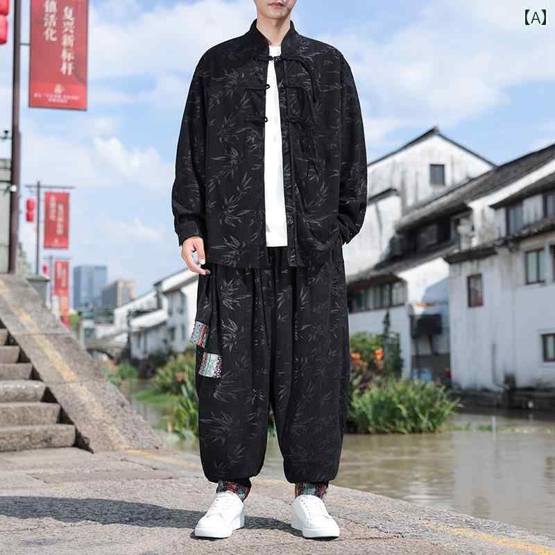 メンズ ファッション チャイナ風 コーデュロイシャツ 春秋 ボタン ジャケット 真 中国 セットアップ セット