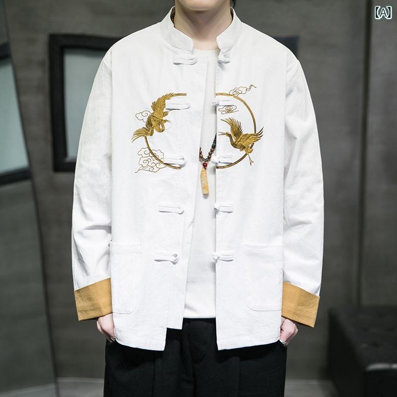 アウター メンズ おしゃれ 漢服 チャイナ風 秋 綿 リネン 長袖 シャツ 中国 刺繍 唐 大きめサイズ リネン ジャケット トレンディ|おうち健康生活